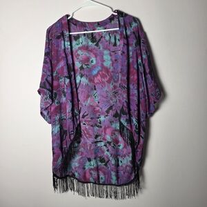 Hot Topic Tie-Dye Fringe Kimono Cardigan Purple Teal Black Open Front Medium